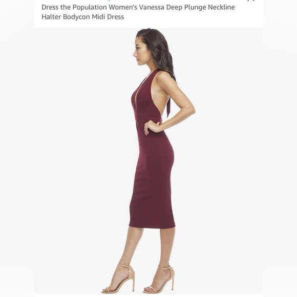 Dress the Population Vanessa Deep Plunge Neckline Halter Bodycon Midi Dress - Picture 2 of 5